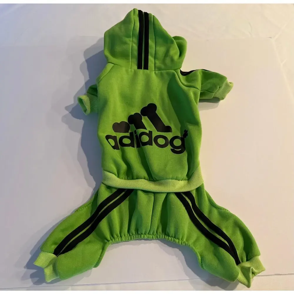 Adidog Lime Green Tracksuit Pet Jumpsuit - Fits 12-14 lbs